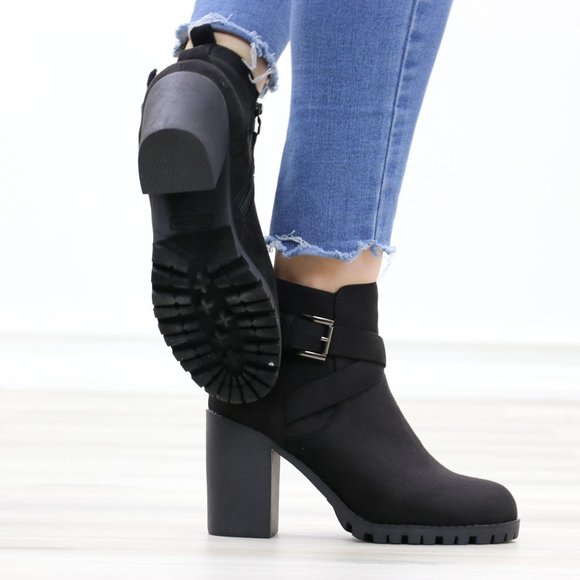 Faux Suede Black Lug Sole Ankle Boots - Picture 5 of 14